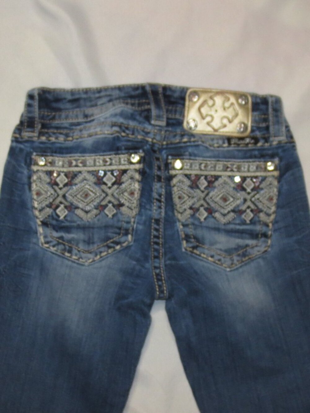 MISS ME womens JEANS blue MID-RISE denim BOOTCUT embroidered pockets SIZE 25